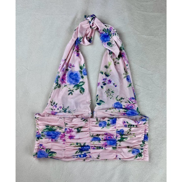 Zara Women's Pink Floral Ruched‎ Halter Crop Tank Size S - Picture 5 of 8